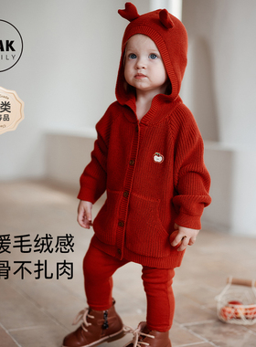 Oak Family 宝宝新年拜年服红色长袖连帽春节喜庆针织衫纯棉外套