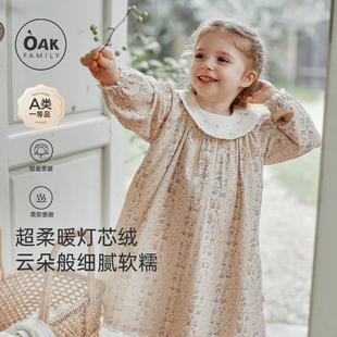儿童长袖 新品 灯芯绒连衣裙荷叶边宝宝蕾丝拼接裙 Family秋季 Oak