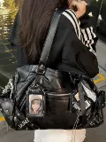 Черная ретро вместительная и большая сумка через плечо, Южная Корея
