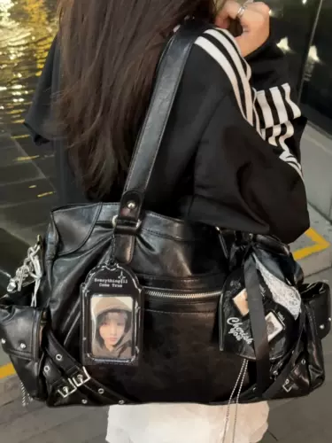 Черная ретро вместительная и большая сумка через плечо, Южная Корея