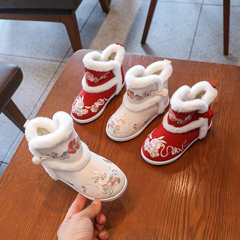女童汉服鞋绣花鞋子儿童棉鞋冬季加绒厚中国古风复古唐装新年拜年