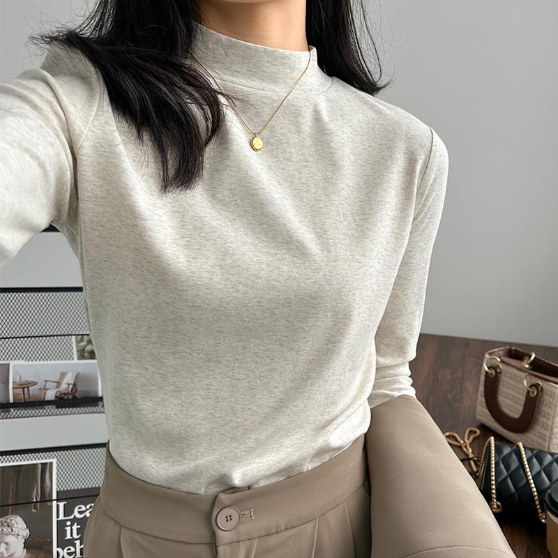 小立领打底衫女春秋内搭可外穿气质显瘦长袖t恤浅灰色半高领上衣