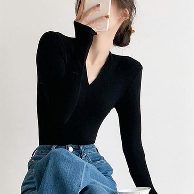 高级感修身深V领打底衫女春秋冬2025性感显瘦上衣长袖T恤黑色内搭