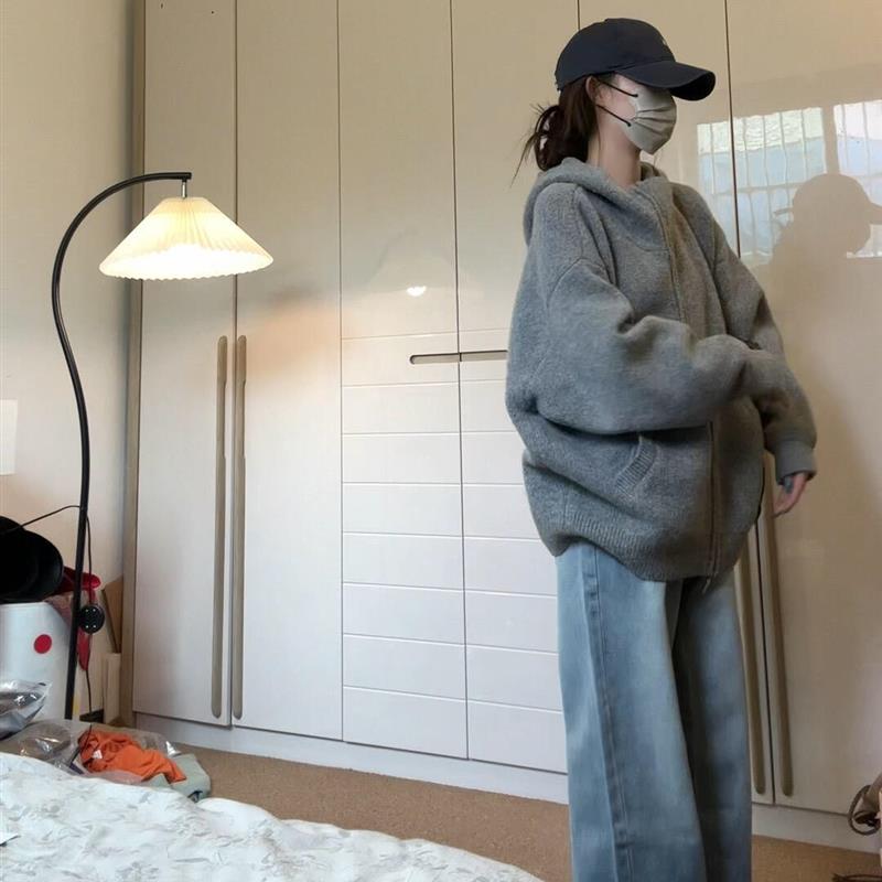 韩系灰色毛衣连帽外套女秋季穿搭超好看宽松慵懒高级感针织衫上衣