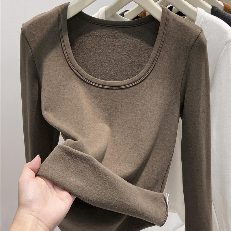 2025秋冬新款U领薄绒磨毛长袖打底衫女欧货露锁骨纯欲内搭t恤上衣