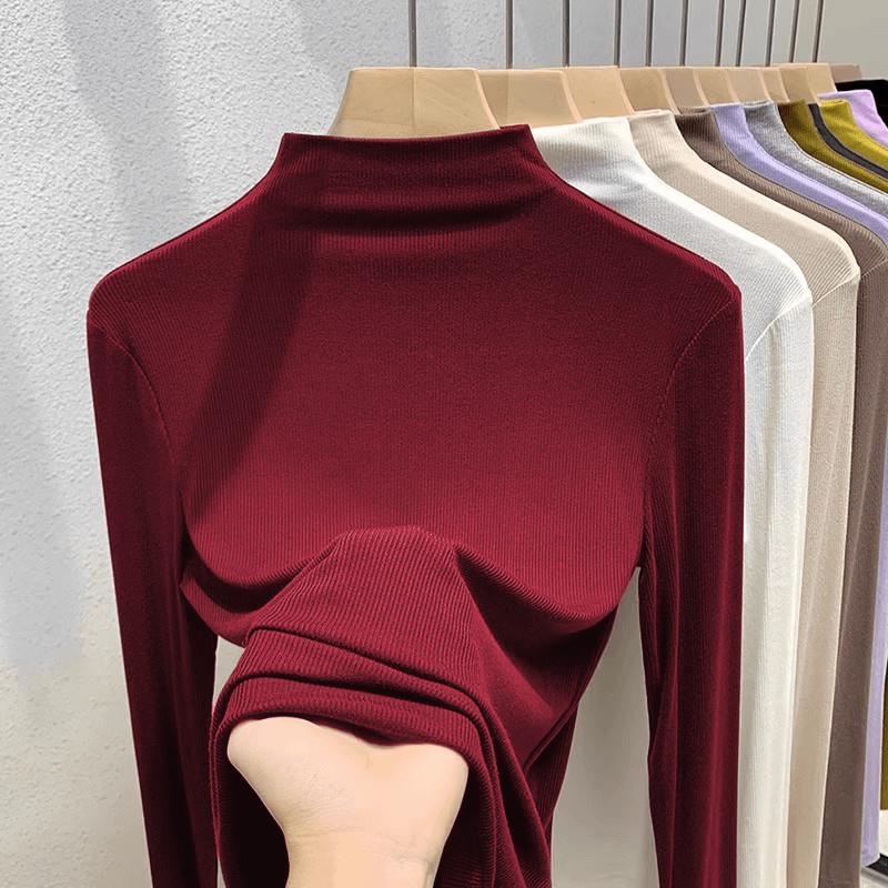 打底衫女春秋内搭修身薄款安哥拉红上衣洋气2025新款半高领针织衫