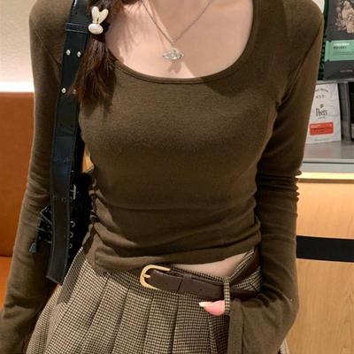 U领打底衫女春内搭可外穿2025新款秋季低领修身长袖t恤咖色小上衣