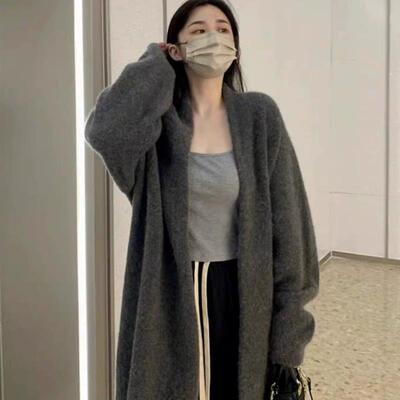 灰色中长款过膝毛衣外套女春秋冬季慵懒风加厚百搭针织衫开衫大衣