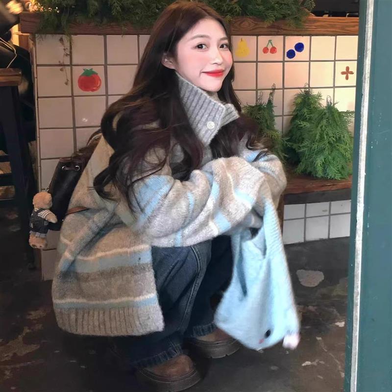 甜美软糯风高领条纹毛衣外套女冬季新款宽松显瘦百搭针织开衫上衣