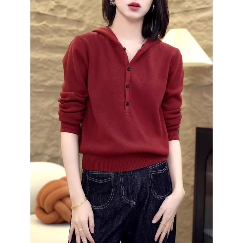 安可拉红半开领连帽针织衫2025春装新款大码胖MM洋气显瘦毛衣上衣