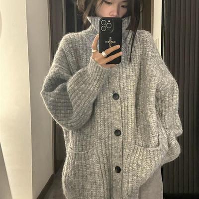 韩系灰色软糯高领开衫毛衣外套女秋冬外穿慵懒风宽松中长款针织衫