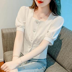方领短袖雪纺衬衫女款夏天2024新款小个子收腰短款上衣设计感小众