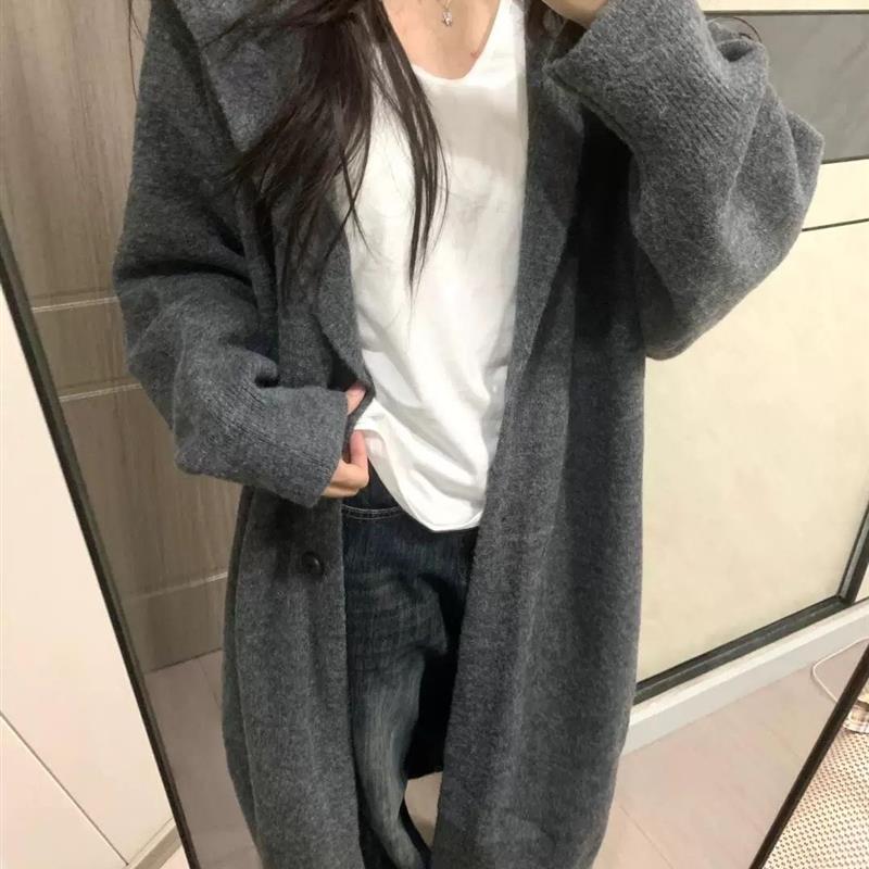韩系慵懒毛衣长款加厚过膝针织开衫连帽2025秋冬新款宽松外套大衣