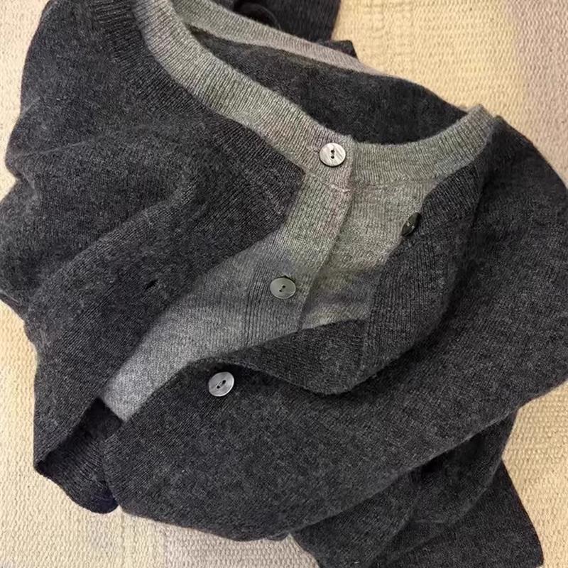 格雷系秋冬撞色假两件针织开衫女慵懒高级感毛衣外套早秋穿搭上衣