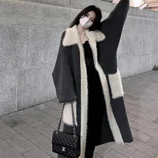 毛领过膝长款水貂绒拼接高级感开衫毛衣女秋冬宽松慵懒风外套加厚