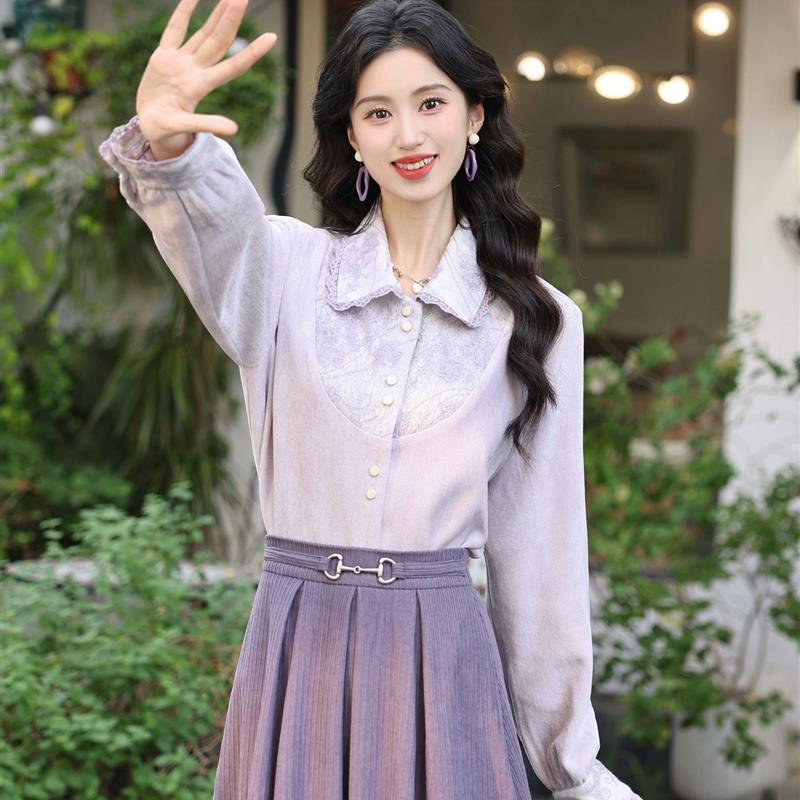 琦琦【温柔旅人】磨毛加厚白色衬衫女秋冬蕾丝花边设计内搭上衣