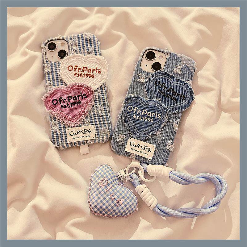 甜酷小众风牛仔爱心适用苹果16ProMax手机壳新款iphone15日韩秋冬14创意13高级女款15promax软硅胶保护套挂绳