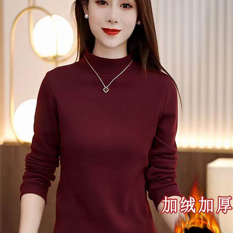 安哥拉红半高领打底衫女新款加绒加厚秋冬德绒内搭长袖上衣T恤衫