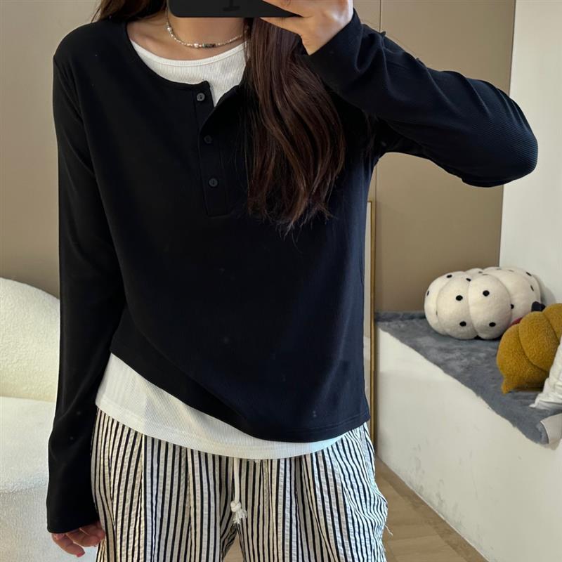 大码女装假两件针织正肩长袖t恤春秋新款胖mm显瘦内搭打底衫上衣