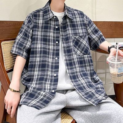 格子新款衬衫复古夏季薄短