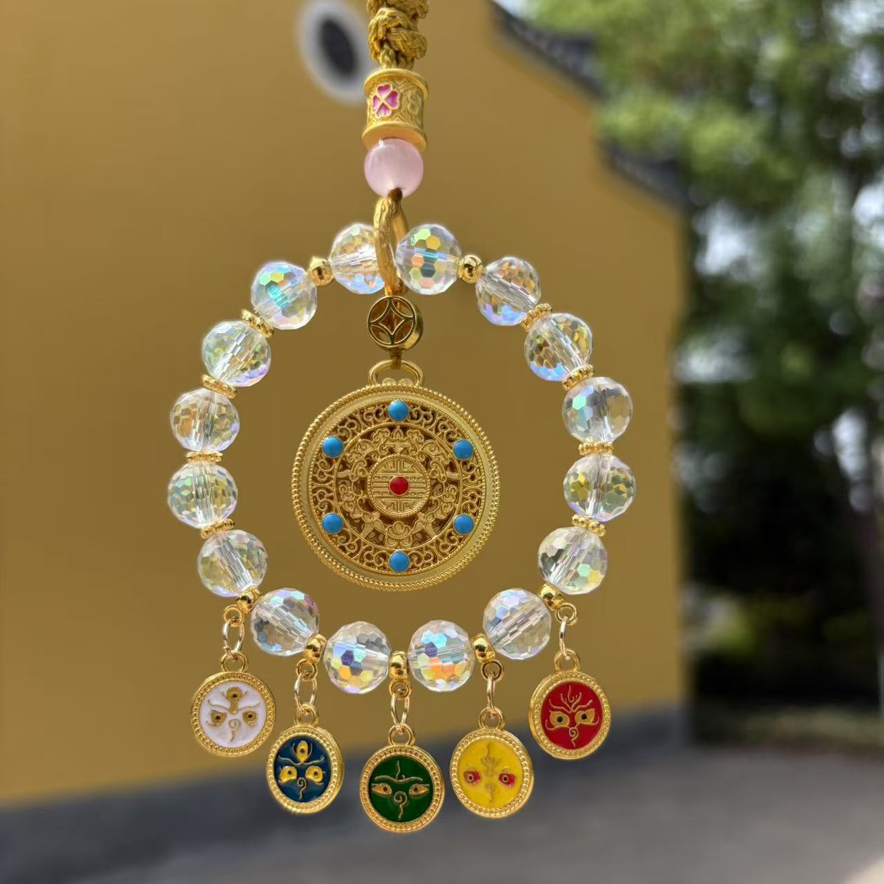 新款五路财神挂件车载件平安纳福车内后视镜水晶车挂装饰品