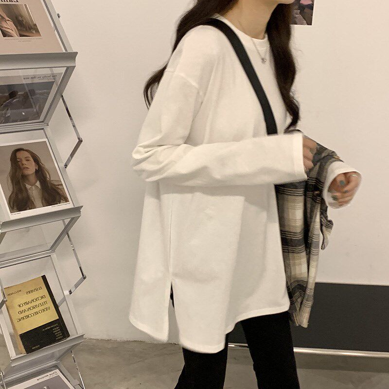 白色打底衫女春秋洋气开叉长袖内搭T恤女中长款秋冬卫衣叠穿上衣