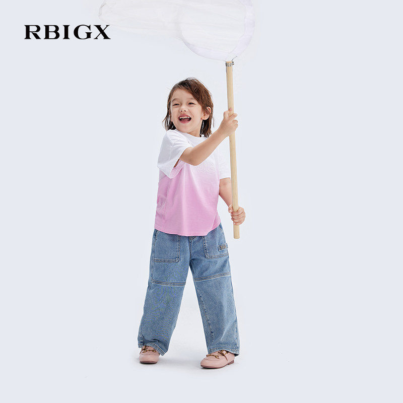 RBIGX瑞比克春季新款女童分割直筒牛仔休闲运动裤长裤子