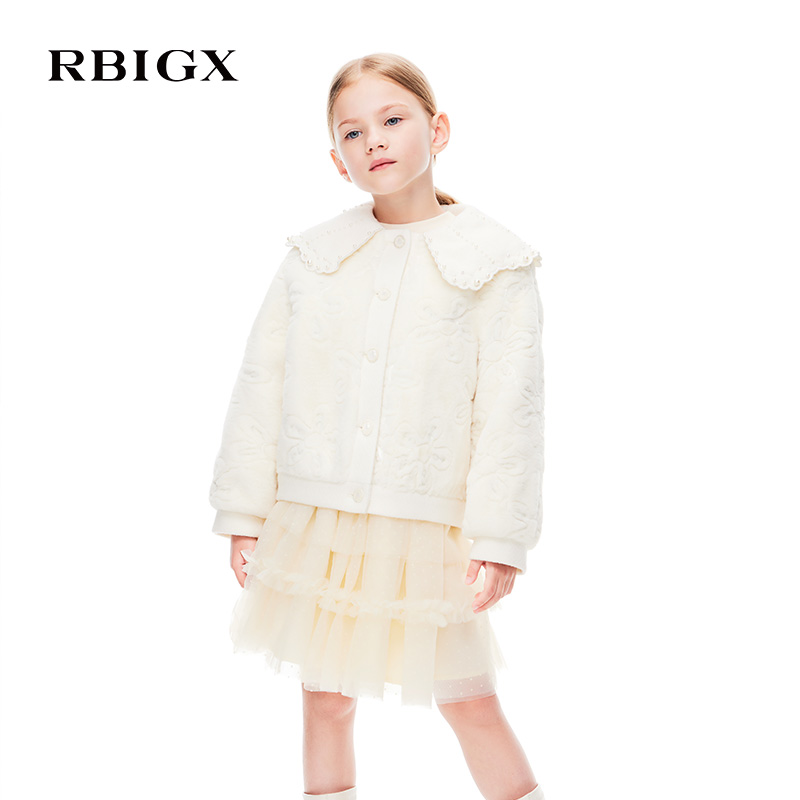 RBIGX瑞比克童装冬季新款潮流女童贵族设计感珍珠翻领毛外套