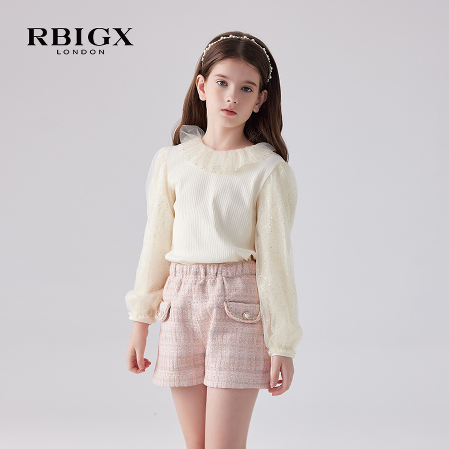 RBIGX瑞比克童装秋季新款荷叶领女童小衫淑女泡泡袖珠片坑条T恤