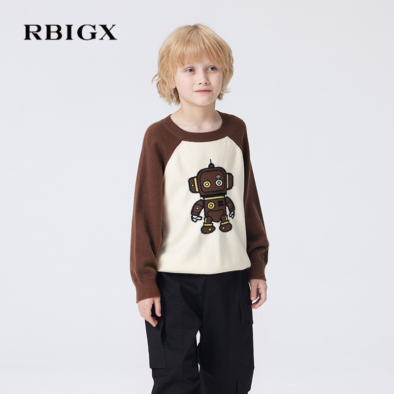 RBIGX瑞比克童装2025秋季新款机器人潮流咖色插肩袖针织衫毛衫