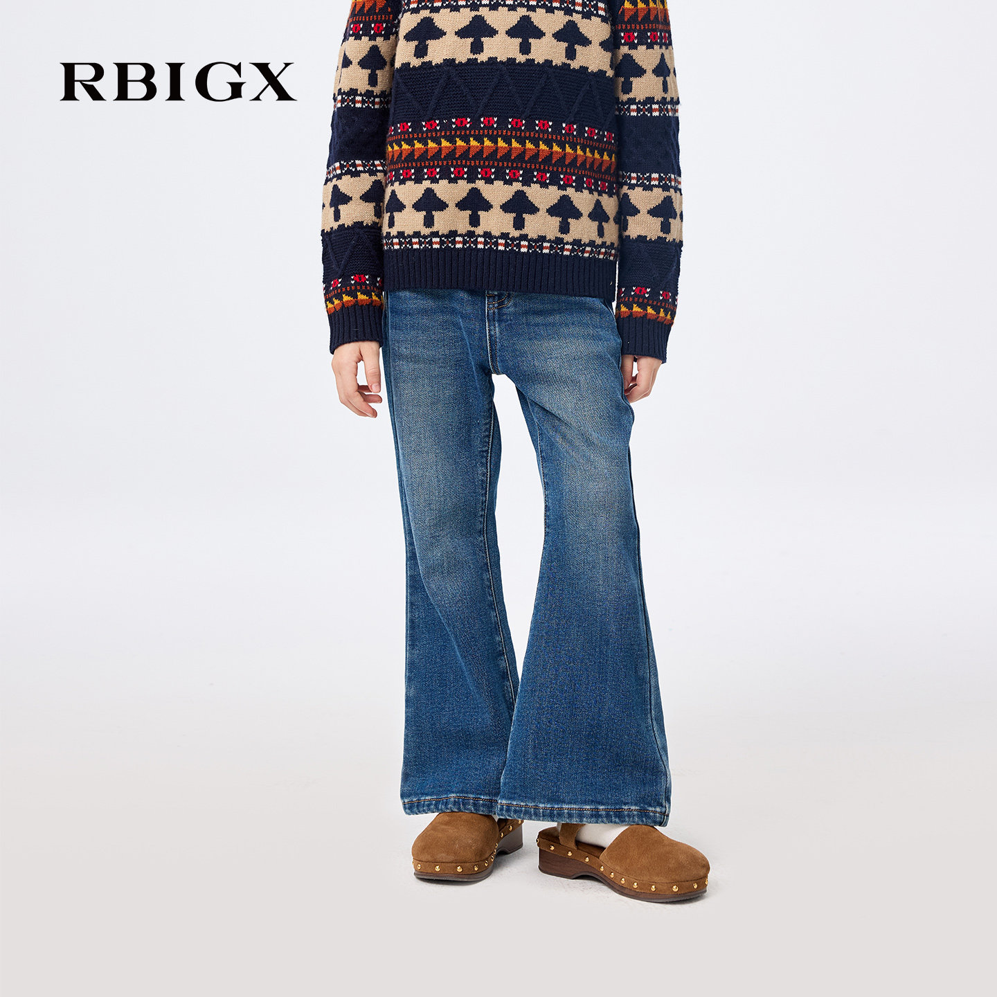 RBIGX瑞比克童装冬季新款水洗复古女童微喇牛仔裤高腰显瘦长裤
