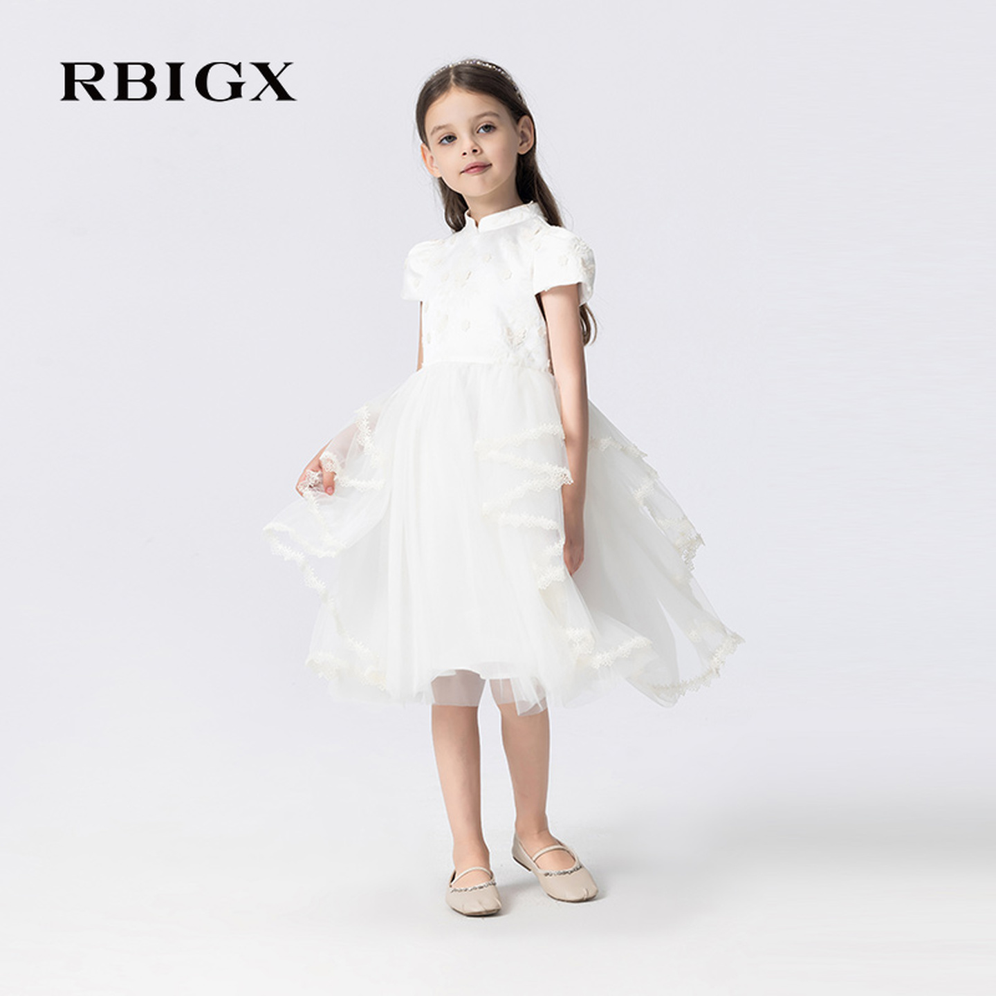 RBIGX瑞比克童装2025秋新款撞色花边中式轻盈不规则网纱裙连衣裙
