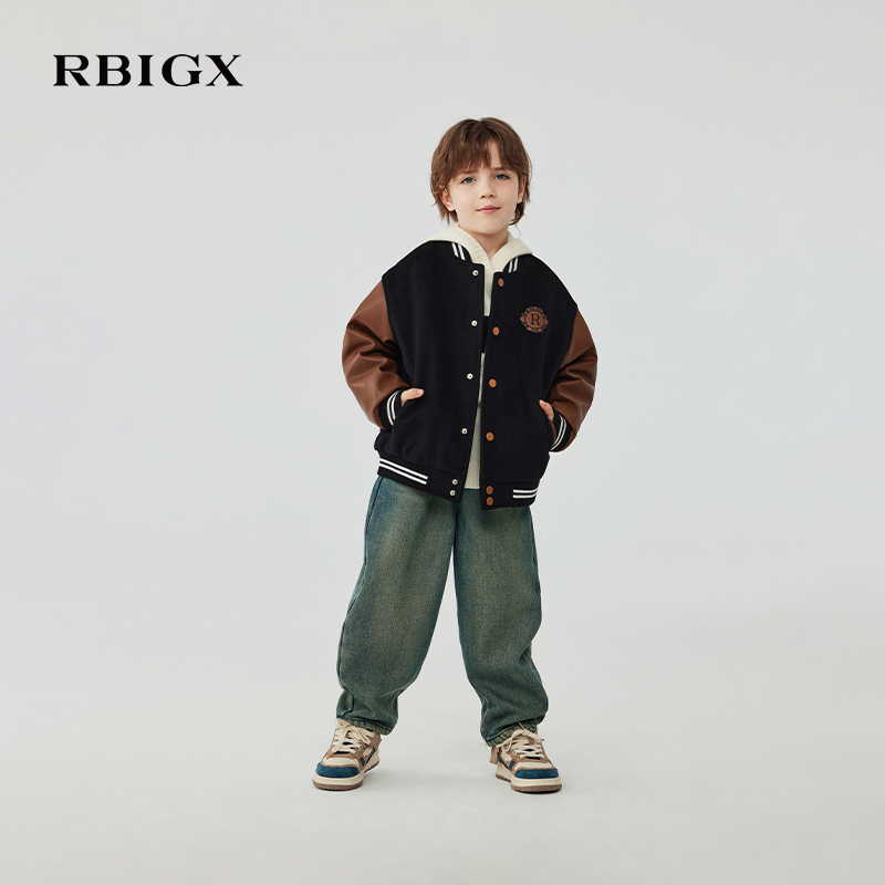 RBIGX瑞比克童装2025冬季新款大廓型帅气抓绒萝卜裤设计感牛仔裤