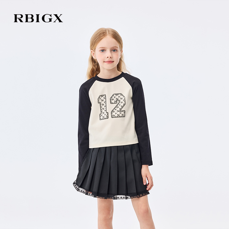 【商场同款】RBIGX瑞比克童装2025秋季新款蕾丝印花撞色长袖t恤