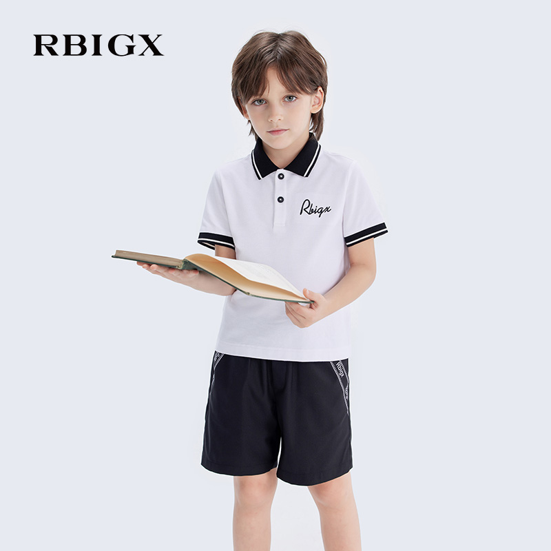 RBIGX瑞比克童装2025夏季新款白色珠地料撞色间条POLO领短袖t恤