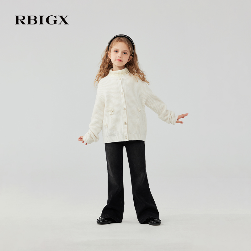 【100%羊毛】RBIGX瑞比克童装2025冬季新款花朵开衫公主针织衫