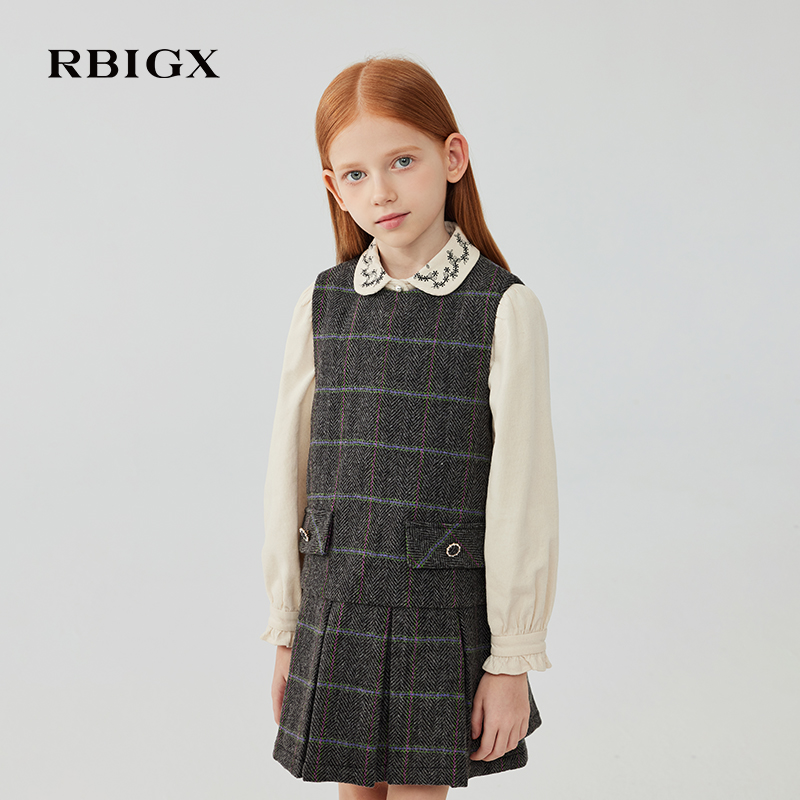 RBIGX瑞比克童装2025冬季新款复古学院风百褶羊毛无袖公主连衣裙