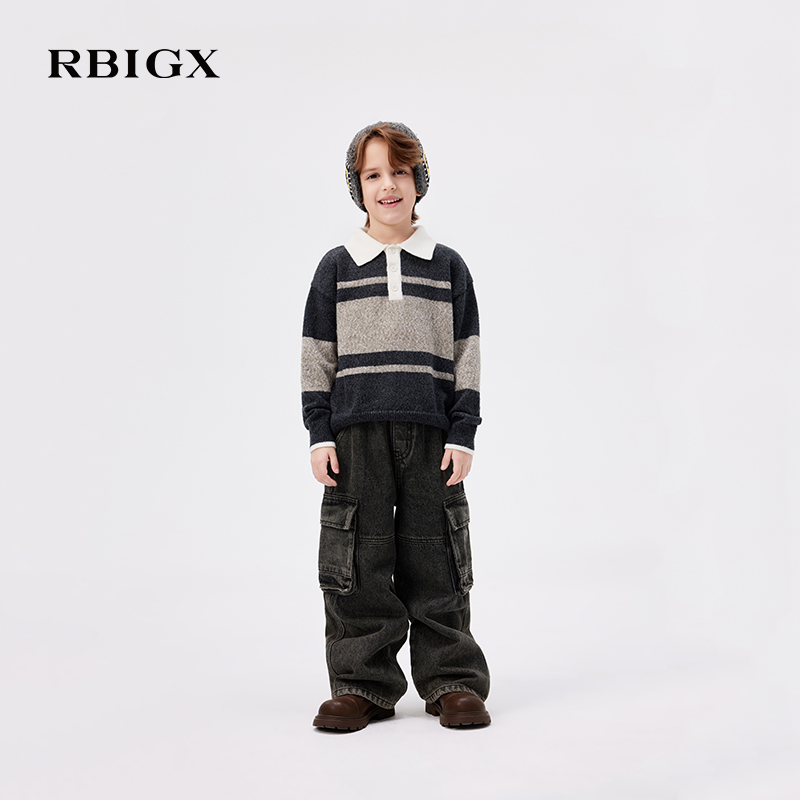 【商场同款】RBIGX瑞比克童装2025秋季新米色翻领条纹帅气针织衫