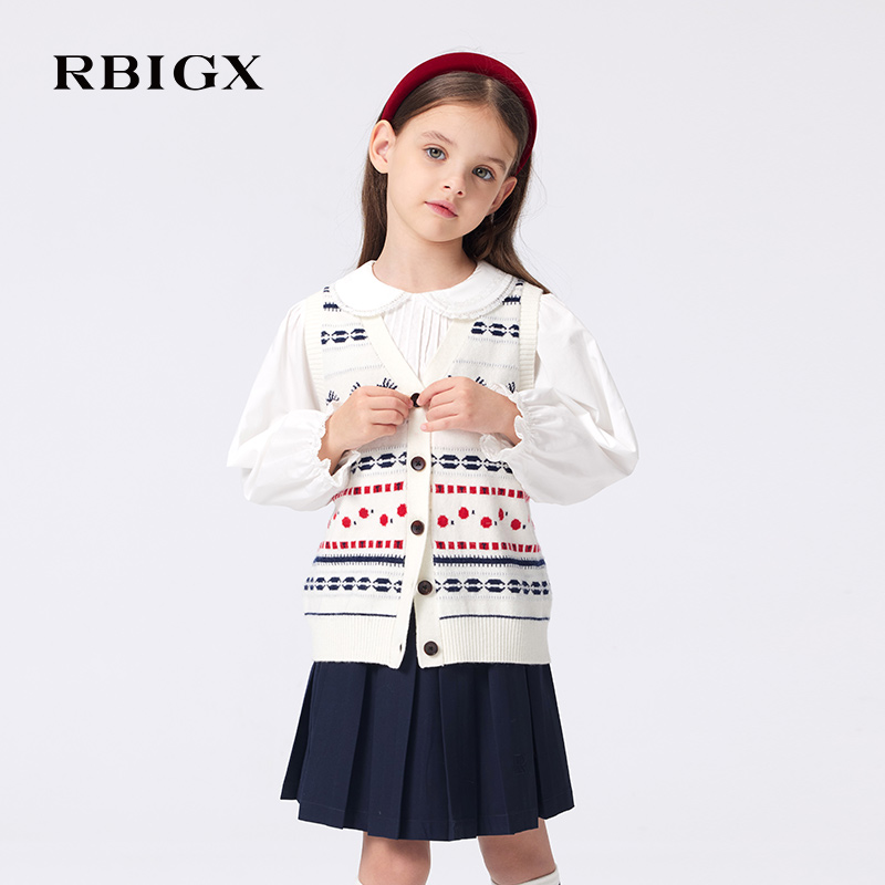 RBIGX瑞比克童装2025秋季针织开衫俏皮可爱小草莓提花V领马甲