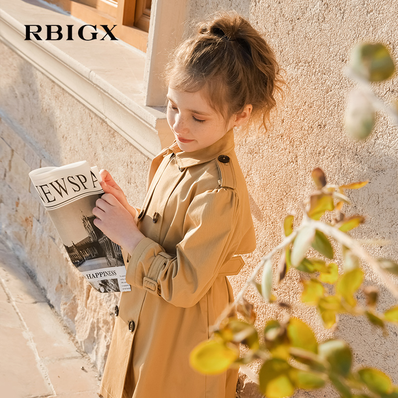 RBIGX瑞比克童装春秋英伦风中长款风衣外套女童卡其色双排扣风衣