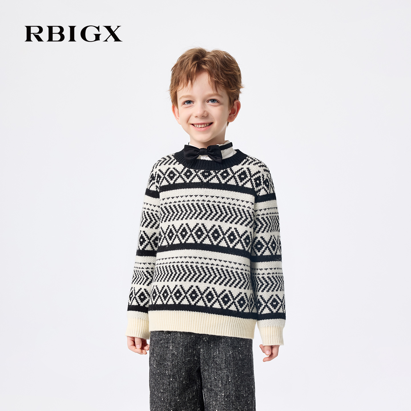 【商场同款】RBIGX瑞比克童装2025冬季潮流印花羊毛衣保暖毛衫