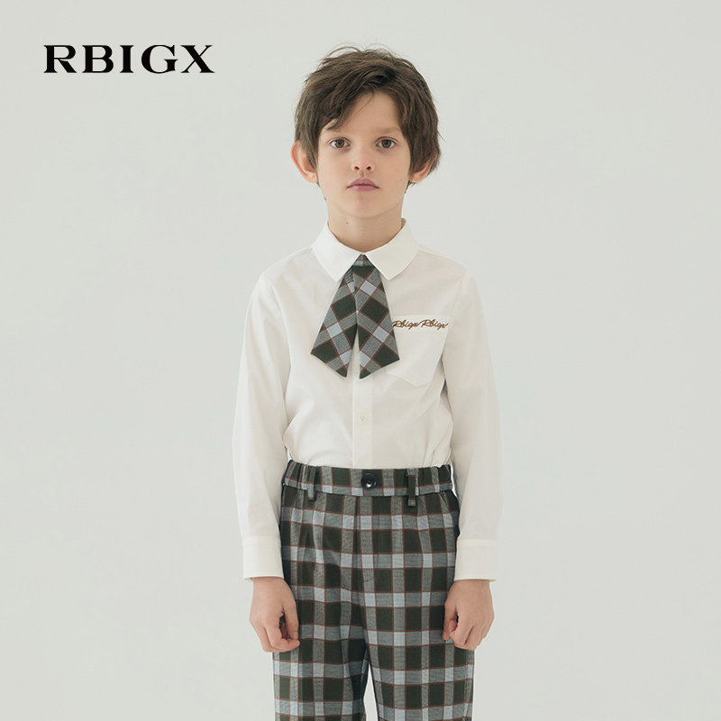 RBIGX瑞比克童装新款纯棉帅气休闲儿童装饰领带长袖衬衫