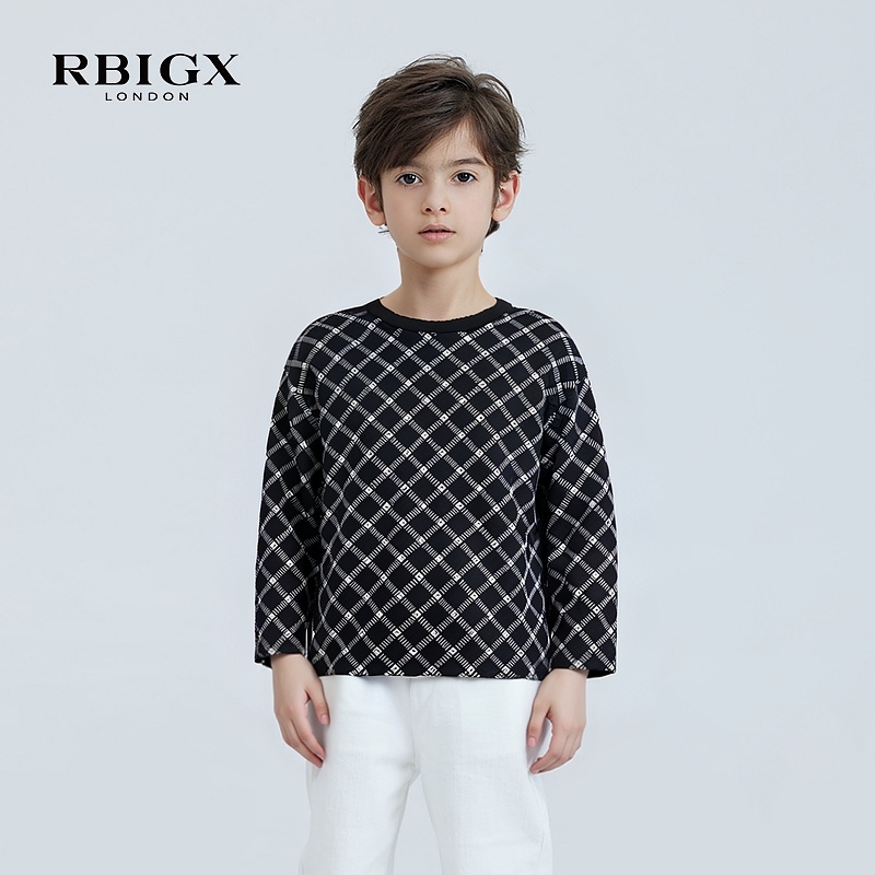 【清仓】RBIGX瑞比克童装秋季菱形格洋气字母儿童上衣长袖T恤