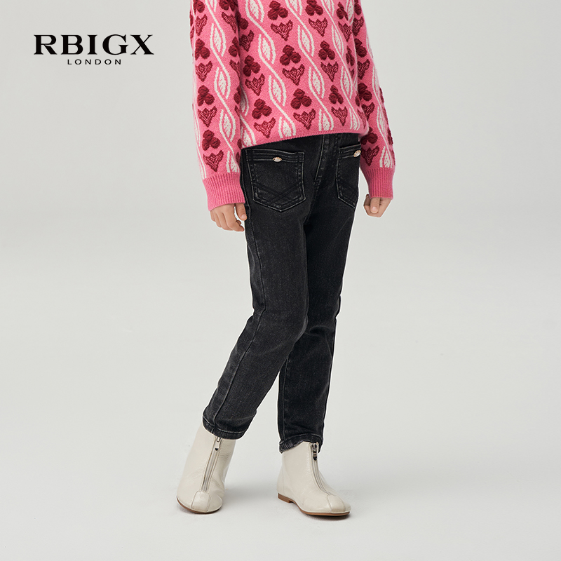 【清仓】RBIGX瑞比克童装冬季新款女童裤子潮流夹银丝紧身牛仔裤
