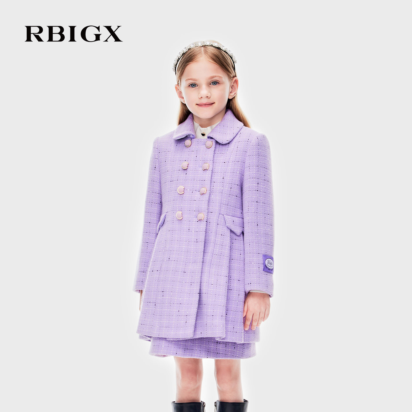 RBIGX瑞比克童装冬季新款磨毛潮流设计感女童公主紫色格纹大衣