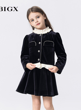 RBIGX瑞比克童装2025秋季新款丝绒撞色木耳边短款贵族优雅外套