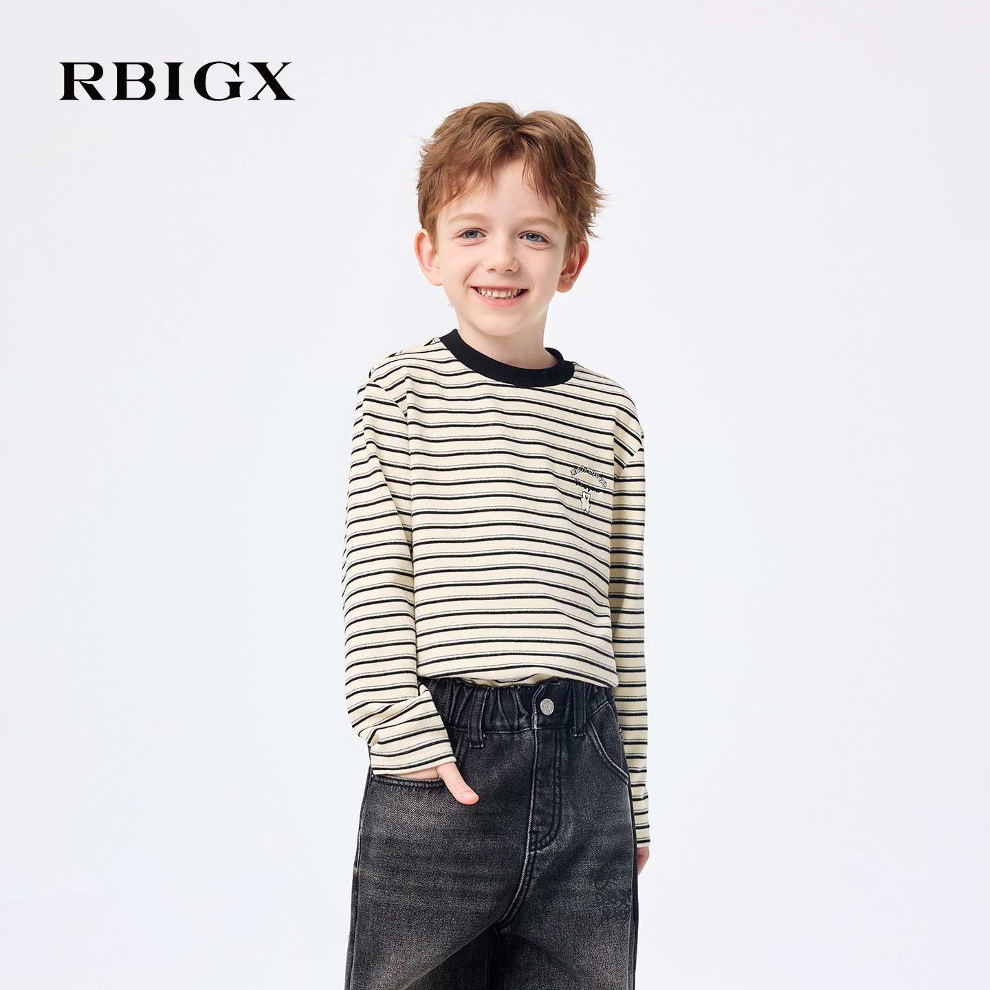 RBIGX瑞比克童装秋季新款复古学院风条纹男童长袖T恤休闲打底衫