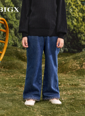 RBIGX瑞比克童装2025冬季新款女童阔腿裤小香风织带加绒牛仔裤