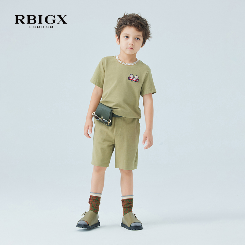 RBIGX瑞比克童装夏季新款洋气绣花帅气百搭标短袖T恤短裤套装