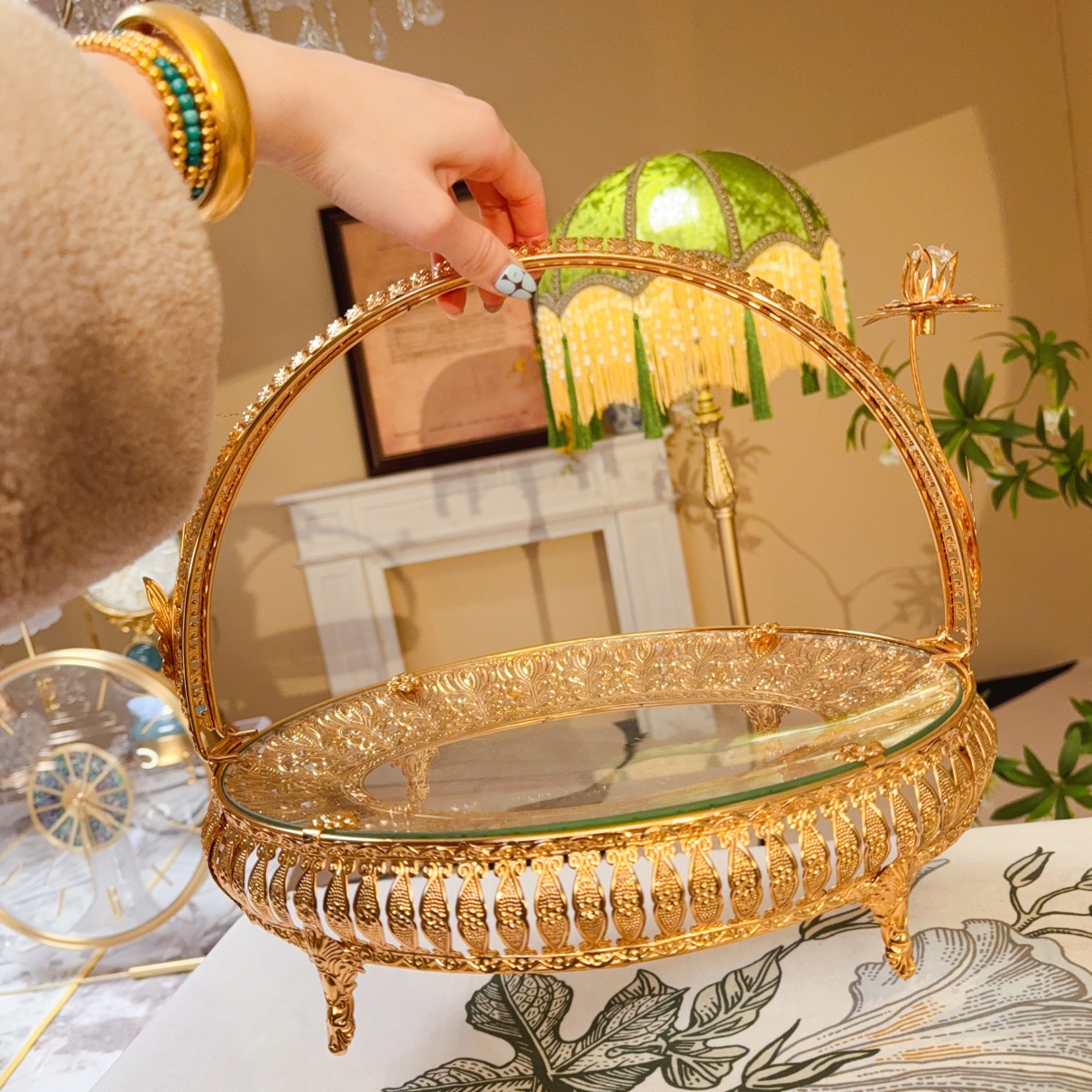 轻奢手提圆形玻璃欧式装饰水果篮客厅家用零食水果篮工艺品果篓